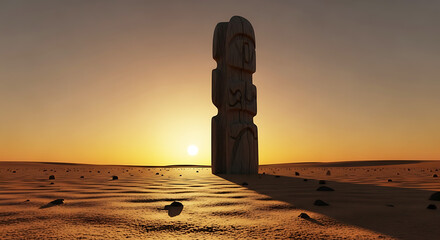 Minimalist Tribal Totem Sculpture in Desert Landscape, Low Angle POV with Warm Sunlight and Hyper-Realistic Texture