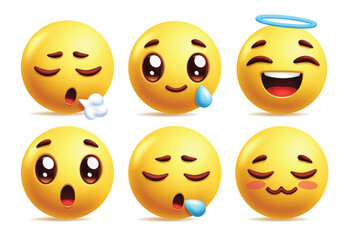 Emoji angel emoticon character clipart set. Yellow emojis in blowing, cry, cheerful, blessed, shock, cough and disappointed clip art emoji symbol collection vector illustration.
