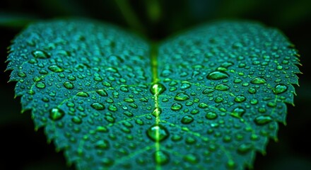 Numerous glistening droplets rest upon the serrated edge of a deep green leaf after a rain shower.