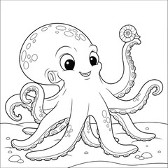 Cute Cartoon Octopus Holding Seashell Outline