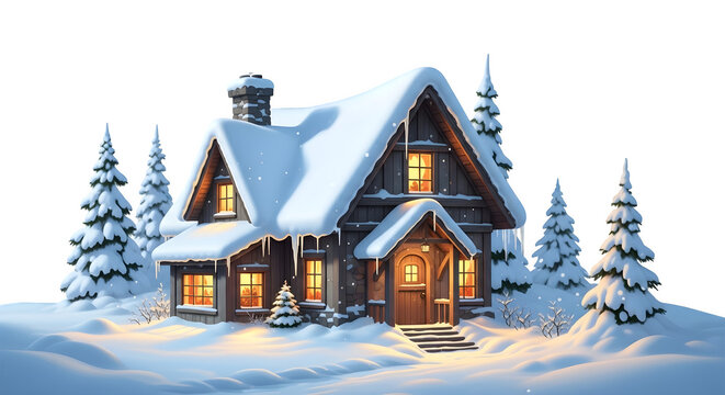 Cozy winter cabin in a snow covered forest with warm lights glowing from windows