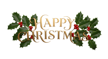 Elegant golden happy christmas text surrounded by lush green holly leaves and red berries on black background