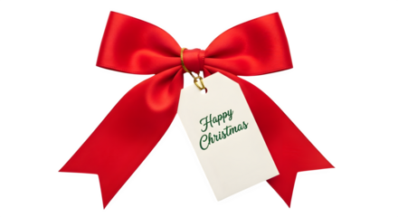 Bright red satin ribbon bow with a handwritten merry christmas gift tag on a black background