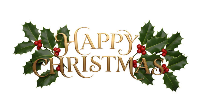 Elegant golden happy christmas text surrounded by lush green holly leaves and red berries on black background