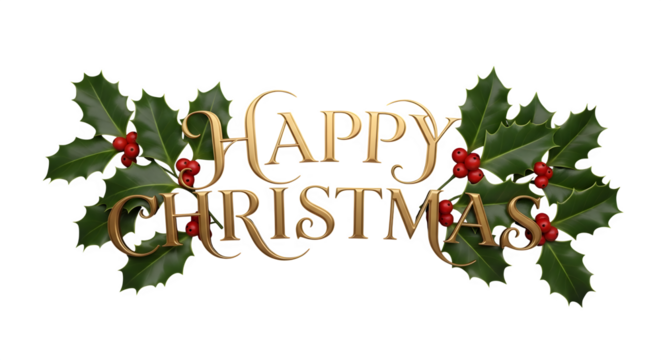 Elegant golden happy christmas text surrounded by lush green holly leaves and red berries on black background