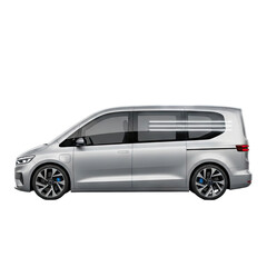 Silver Minivan Vehicle Side Profile With Blue Accents On Wheels And Black Tinted Windows Isolated On Transparent Background