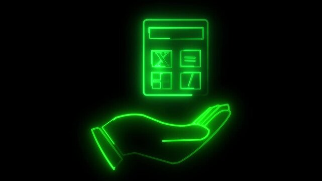 A glowing neon outline of a hand holding a calculator icon, symbolizing finance, calculation, and smart decisions.The futuristic design represents accounting, business strategy, and digital