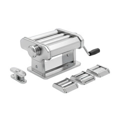 Silver Pasta Maker Machine with Multiple Cutting Attachments on a Dark Background Isolated Product Studio Shot