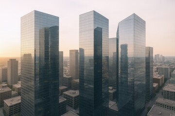 Obraz premium Modern Cityscape with Glass Skyscrapers Reflecting Sunset, Emphasizing Urban Development and Architectural Grandeur in the Evening Light