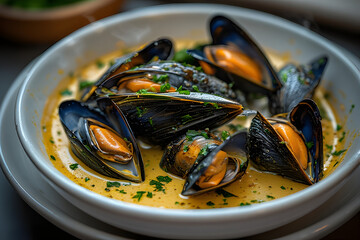 Fresh Black Mussels in Creamy White Wine and Garlic Butter Sauce in Elegant Bowl