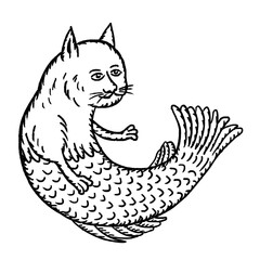 Medieval-style mermaid cat, surreal hybrid creature black and white line art illustration