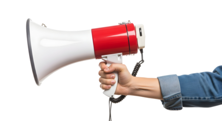 Hand holding a red and white megaphone on a white background, ready to make an announcement