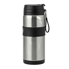 Silver Stainless Steel Travel Mug With Black Lid And Grip Isolated On A Black Background With Soft Studio Lighting