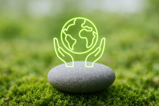 Hands holding earth icon on stone, environment protection and sustainability concept for nature
