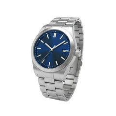 Silver Stainless Steel Wristwatch with Blue Dial and Metal Bracelet Isolated on Black Background Subtle Lighting