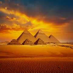 Egypt Pyramids Background with Golden Desert and Vibrant Sunset Sky
