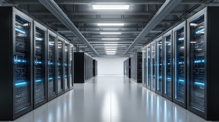 Server Room Data Center with Rows of Rack Servers, Blue Lights, and Cooling Systems