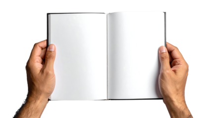 Hands holding open a book with blank white pages and a black cover, centered and isolated on white