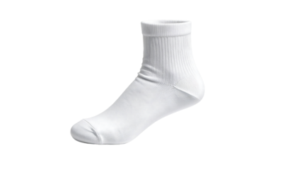 One white ribbed athletic sock, ankle height, shown on a white background in a studio shot, cutout