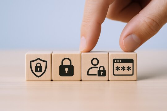 Data Protection Strategy: Hand Arranging Wooden Blocks with Security Icons for Privacy and Access Control
