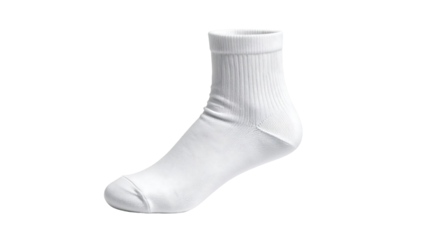 One white ribbed athletic sock, ankle height, shown on a white background in a studio shot, cutout