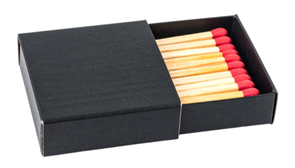 A partially open black matchbox reveals wooden matches with red tips, against a white background, isolated cutout