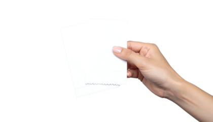 Hand holding a small white paper with blurred text, fingers visible, isolated on transparent background