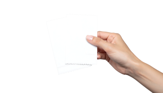 Hand holding a small white paper with blurred text, fingers visible, isolated on transparent background