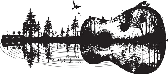 Acoustic Serenade: A silhouette of an acoustic guitar, its form embracing a serene nature scene. The guitar's strings hum a melody.