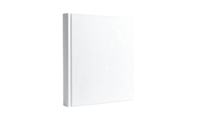 A plain white hardcover book standing upright with a visible spine, casting a slight shadow, isolated on white