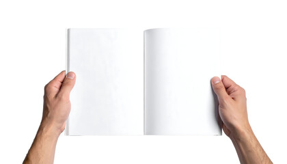 Hands holding open blank white book or magazine with empty pages, flat lay view on transparent and white background