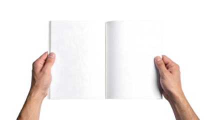 Hands holding open blank white book or magazine with empty pages, flat lay view on transparent and white background