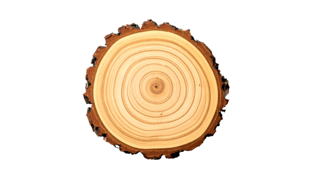 Cross section of a tree trunk with visible growth rings and bark around the edge on white background