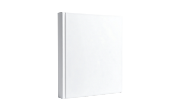 A plain white hardcover book standing upright with a visible spine, casting a slight shadow, isolated on white