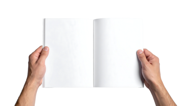 Hands holding open blank white book or magazine with empty pages, flat lay view on transparent and white background - Powered by Adobe