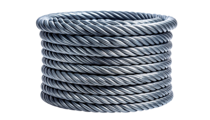 A stack of coiled silver metal cable or wire arranged in neat layers, seen from the front on transparent background