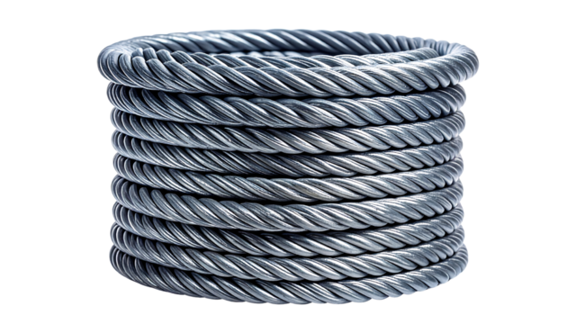 A stack of coiled silver metal cable or wire arranged in neat layers, seen from the front on transparent background - Powered by Adobe