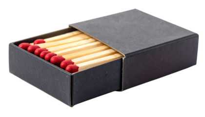 Open black matchbox with wooden matches and red tips partially visible inside on white background