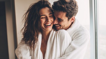 Obraz premium Romantic Couple Embracing in White Robes, Expressing Joy and Intimacy by the Window in Hotel Suite