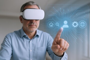 Man Experiencing Virtual Reality Interface with Headset, Touching Futuristic Digital Screen with Interactive Icons