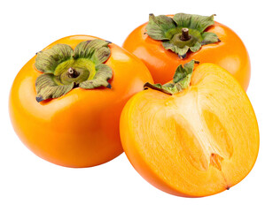 Vibrant orange, ripe, halved and whole, with green leaves