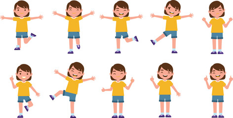 Cartoon child character set with expressive poses, gestures, emotions, playful movements, ideal for educational, animation, design, and storytelling projects