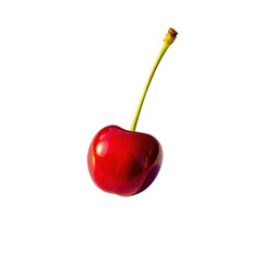 Single Red Cherry with Stem Isolated on Black Background Detailed Texture Macro Photography Studio Lighting