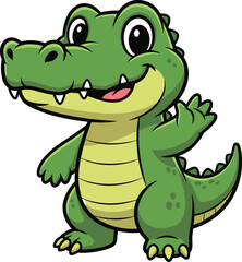 Cartoon crocodile character standing upright with smile, friendly green alligator vector for kids, education, mascot, jungle animal design
