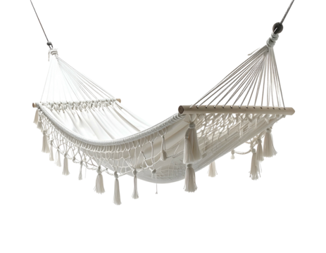 White woven hammock with tassels and wooden spreader bars