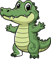 Cartoon green alligator standing upright with friendly smile, cheerful expression, cute character design for kids, education, and playful content