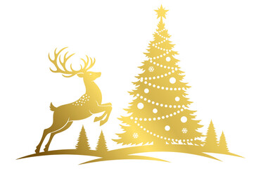 golden Christmas tree with reindeer, Christmas tree silhouette