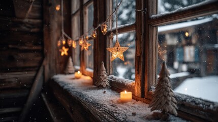 Fototapeta premium Cozy Christmas Window Display with Star Lights, Candles and Miniature Trees, Winter Holiday Atmosphere