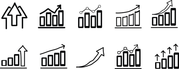 Growth icon set. Containing arrow up, growing graph, business chart icons. Vector illustration. 