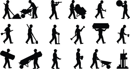 Construction worker silhouettes performing various tasks with tools, teamwork, safety gear, manual labor, industrial activity, vector illustration for stock content